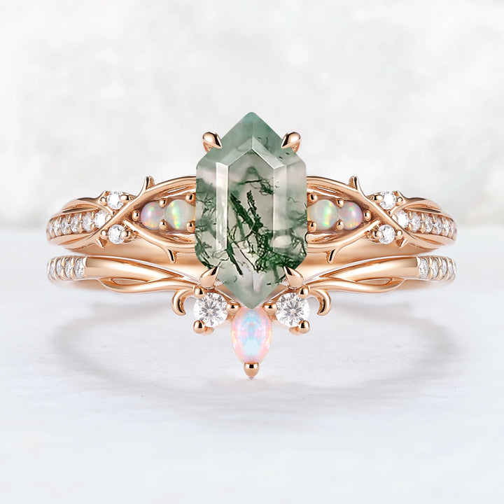 Unique Hexagon Cut Moss Agate Vine Gemstone Ring Set 2pcs