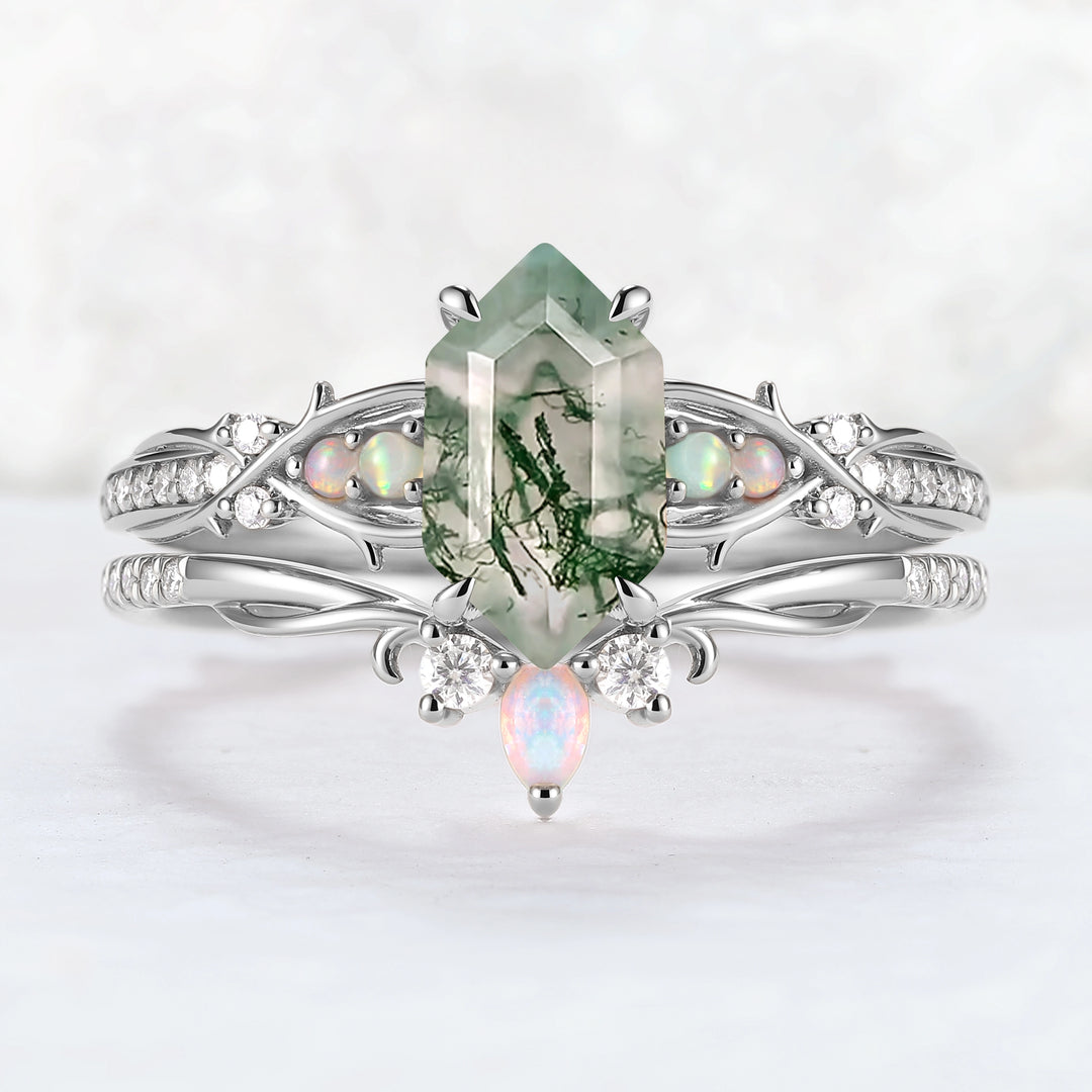 Unique Hexagon Cut Moss Agate Vine Gemstone Ring Set 2pcs