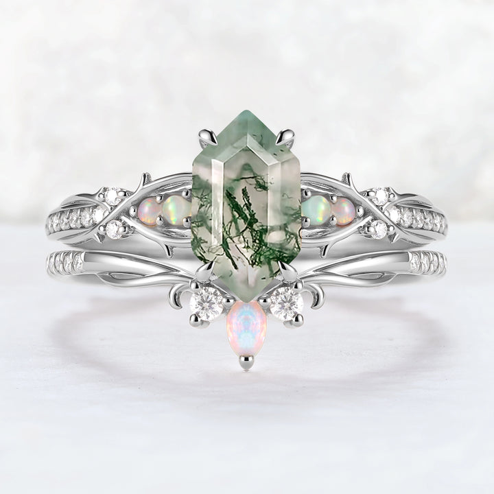 Unique Hexagon Cut Moss Agate Vine Gemstone Ring Set 2pcs