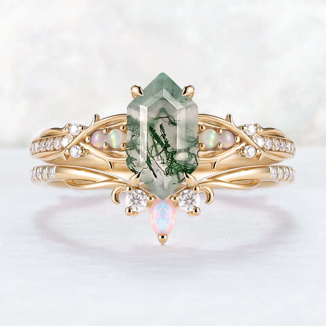 Unique Hexagon Cut Moss Agate Vine Gemstone Ring Set 2pcs