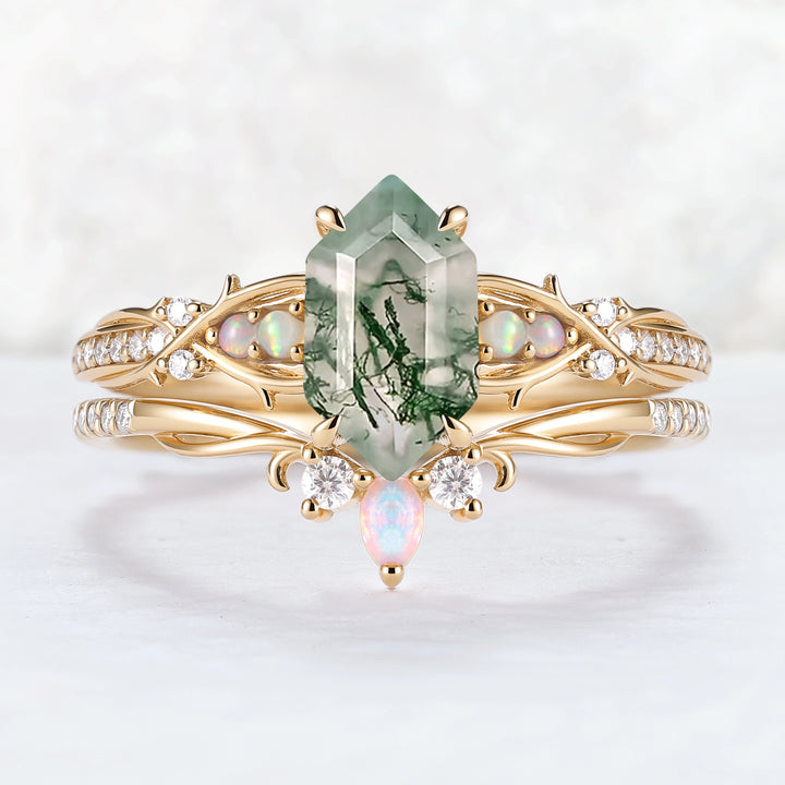 Unique Hexagon Cut Moss Agate Vine Gemstone Ring Set 2pcs