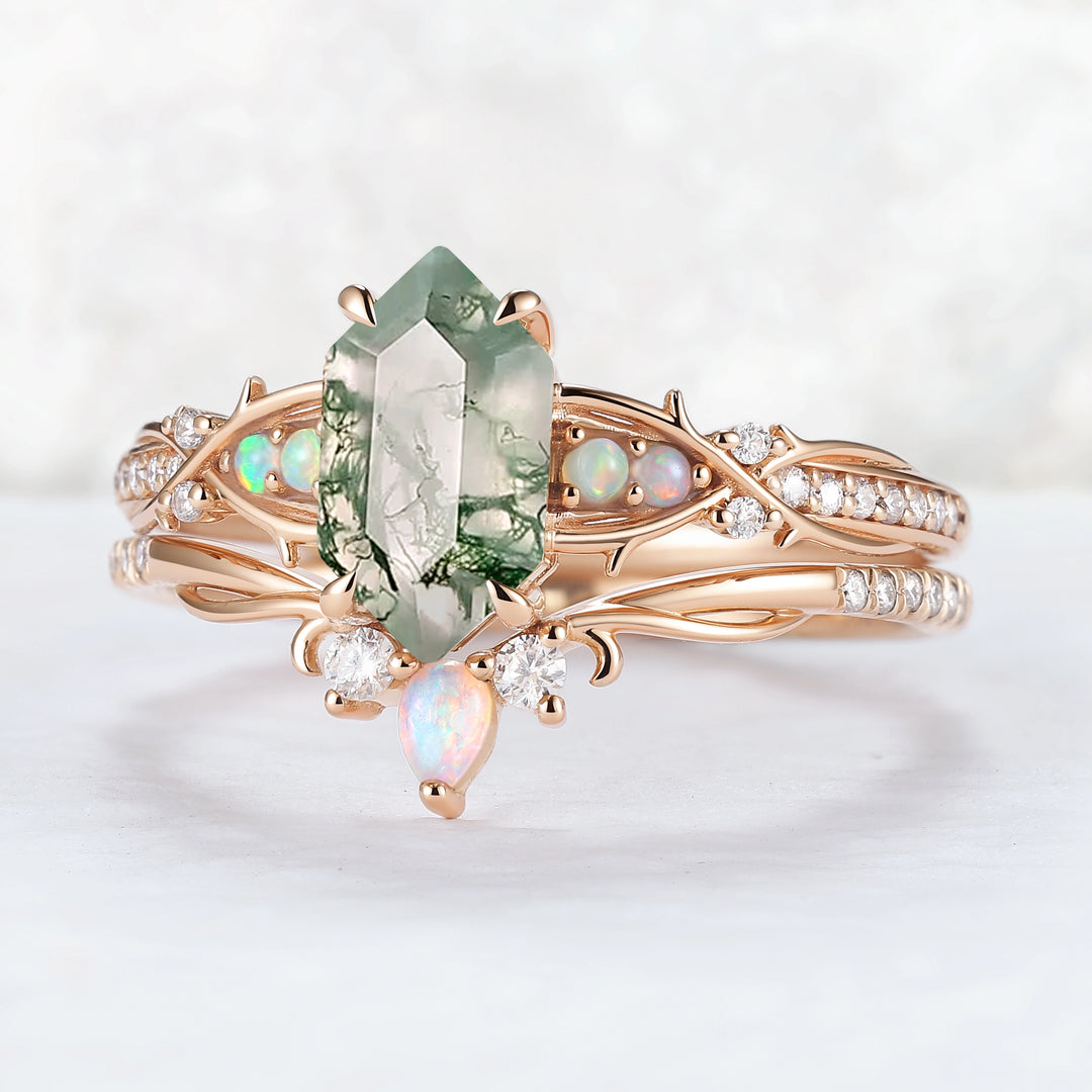Unique Hexagon Cut Moss Agate Vine Gemstone Ring Set 2pcs