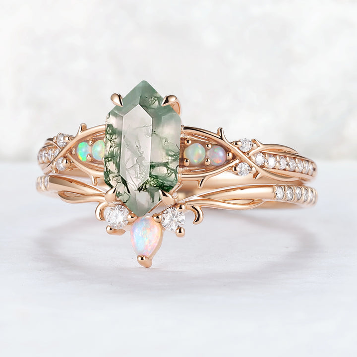 Unique Hexagon Cut Moss Agate Vine Gemstone Ring Set 2pcs
