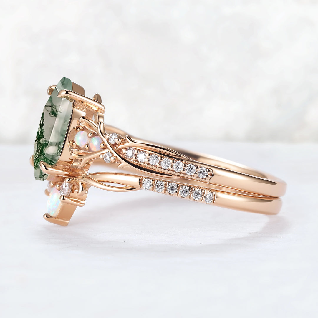 Unique Hexagon Cut Moss Agate Vine Gemstone Ring Set 2pcs