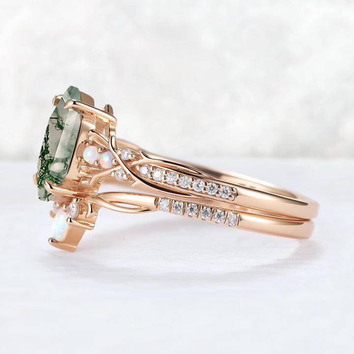 Unique Hexagon Cut Moss Agate Vine Gemstone Ring Set 2pcs