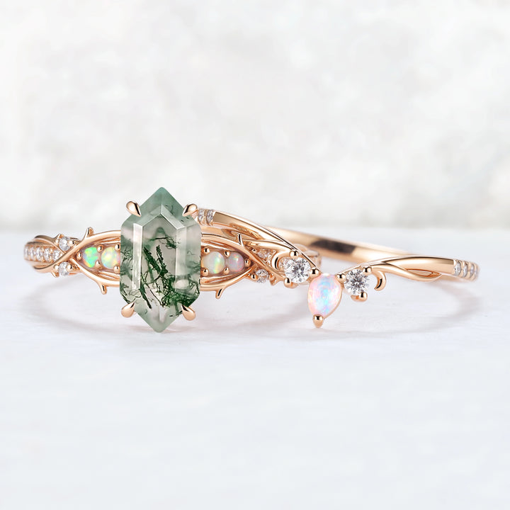 Unique Hexagon Cut Moss Agate Vine Gemstone Ring Set 2pcs