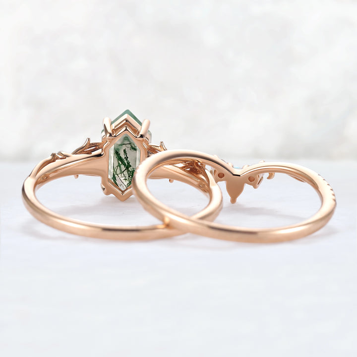 Unique Hexagon Cut Moss Agate Vine Gemstone Ring Set 2pcs