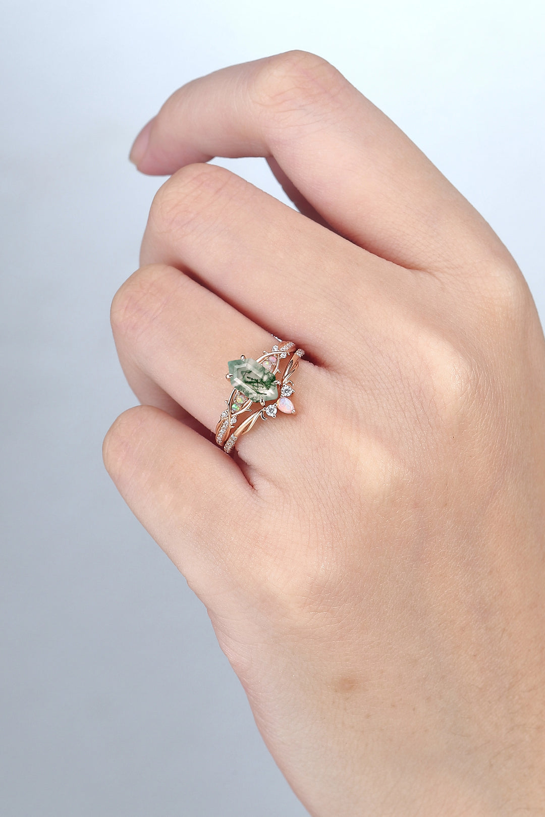 Unique Hexagon Cut Moss Agate Vine Gemstone Ring Set 2pcs