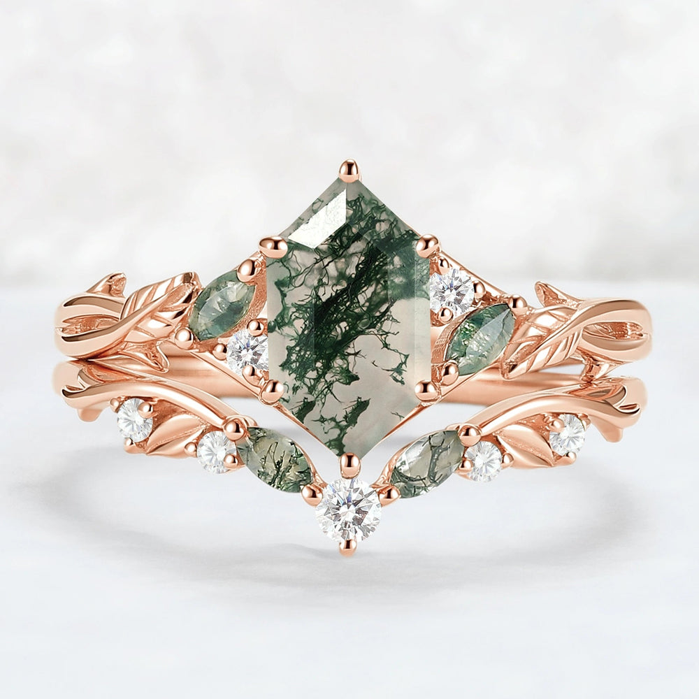 Unique_Hexagon_Cut_Moss_Agate_Vine_Leaf_Gemstone_Ring_Set_2pcs_1
