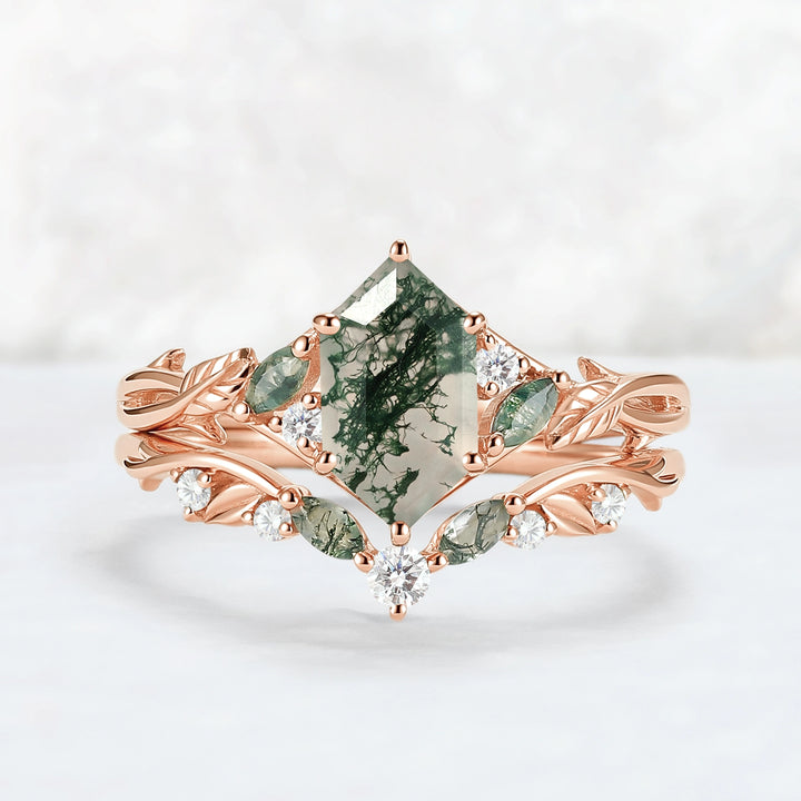 Unique Hexagon Cut Moss Agate Vine Leaf Gemstone Ring Set 2pcs