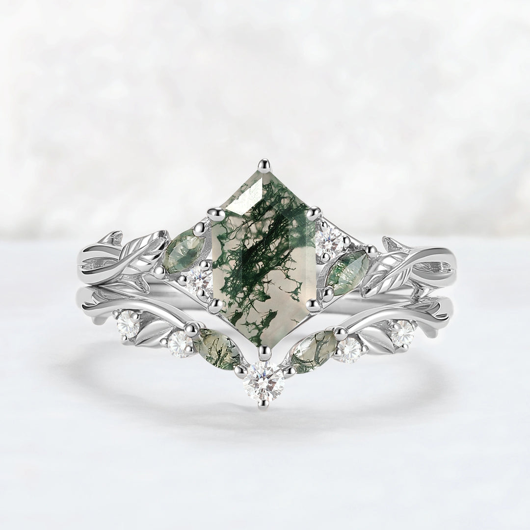 Unique Hexagon Cut Moss Agate Vine Leaf Gemstone Ring Set 2pcs