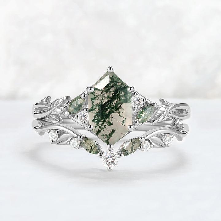 Unique Hexagon Cut Moss Agate Vine Leaf Gemstone Ring Set 2pcs
