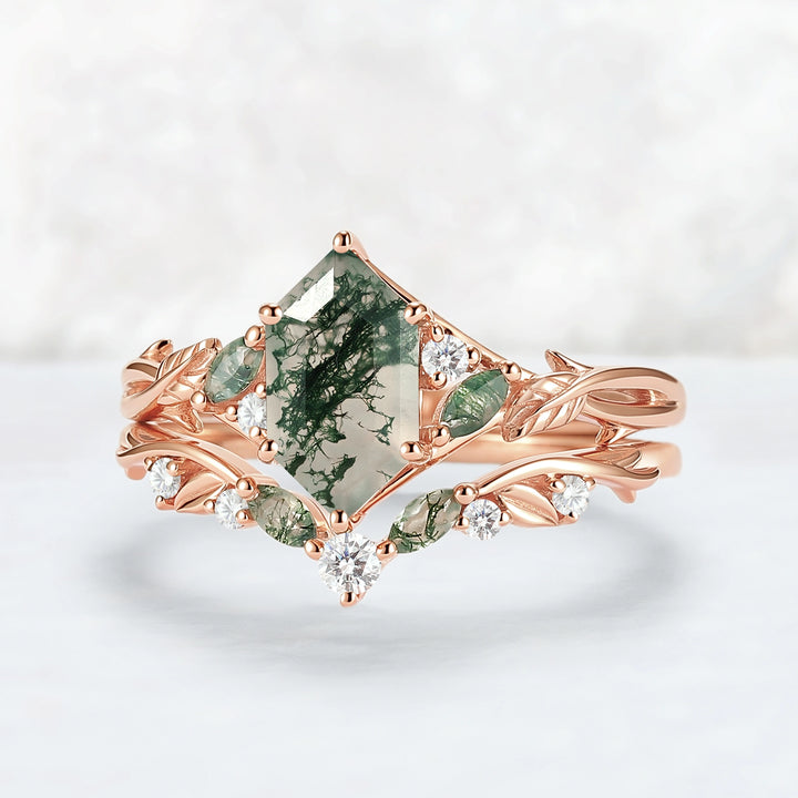 Unique Hexagon Cut Moss Agate Vine Leaf Gemstone Ring Set 2pcs