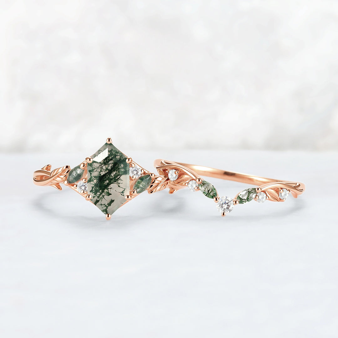 Unique Hexagon Cut Moss Agate Vine Leaf Gemstone Ring Set 2pcs