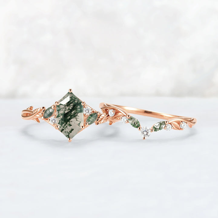 Unique Hexagon Cut Moss Agate Vine Leaf Gemstone Ring Set 2pcs