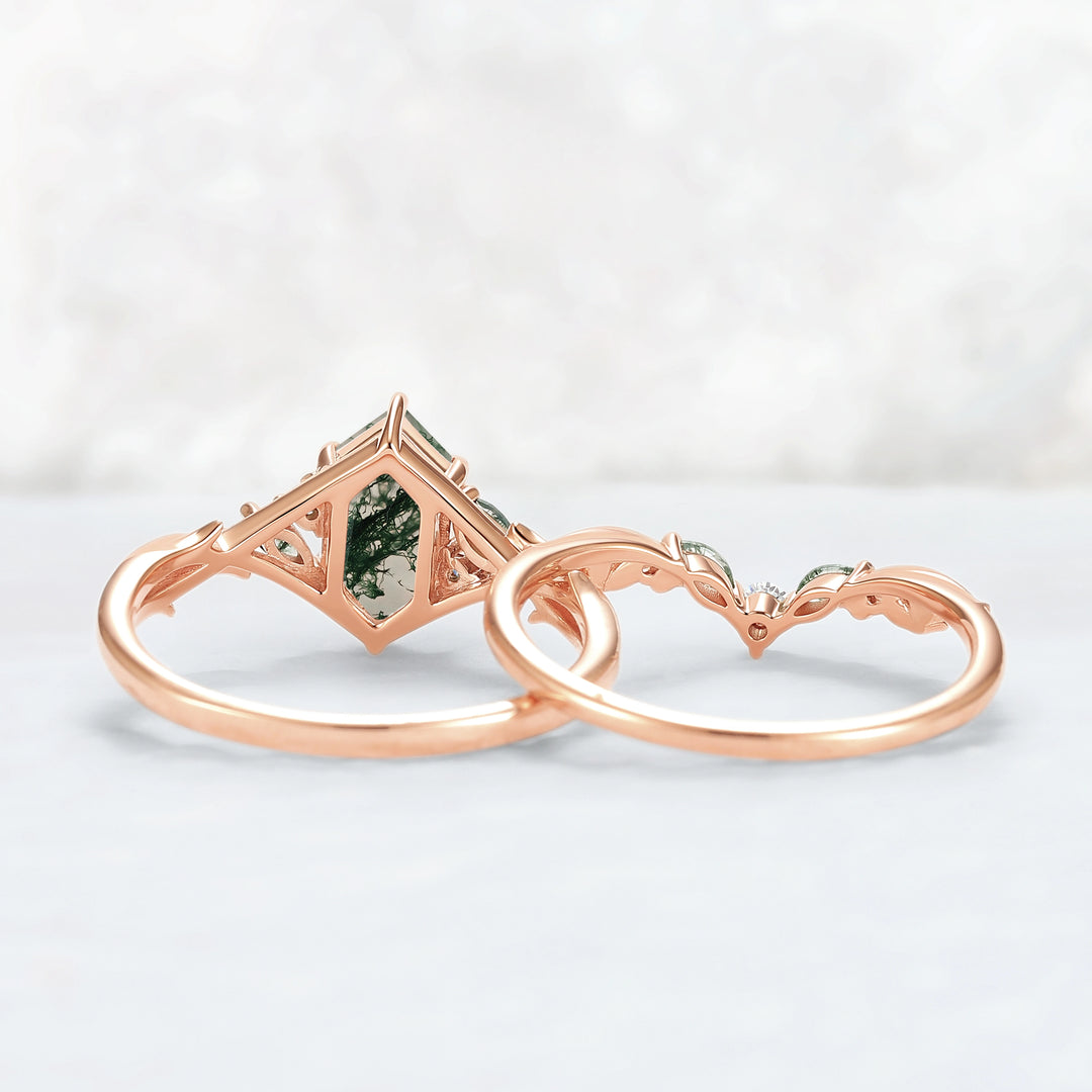 Unique Hexagon Cut Moss Agate Vine Leaf Gemstone Ring Set 2pcs