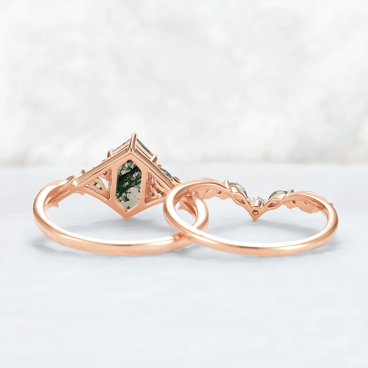 Unique Hexagon Cut Moss Agate Vine Leaf Gemstone Ring Set 2pcs