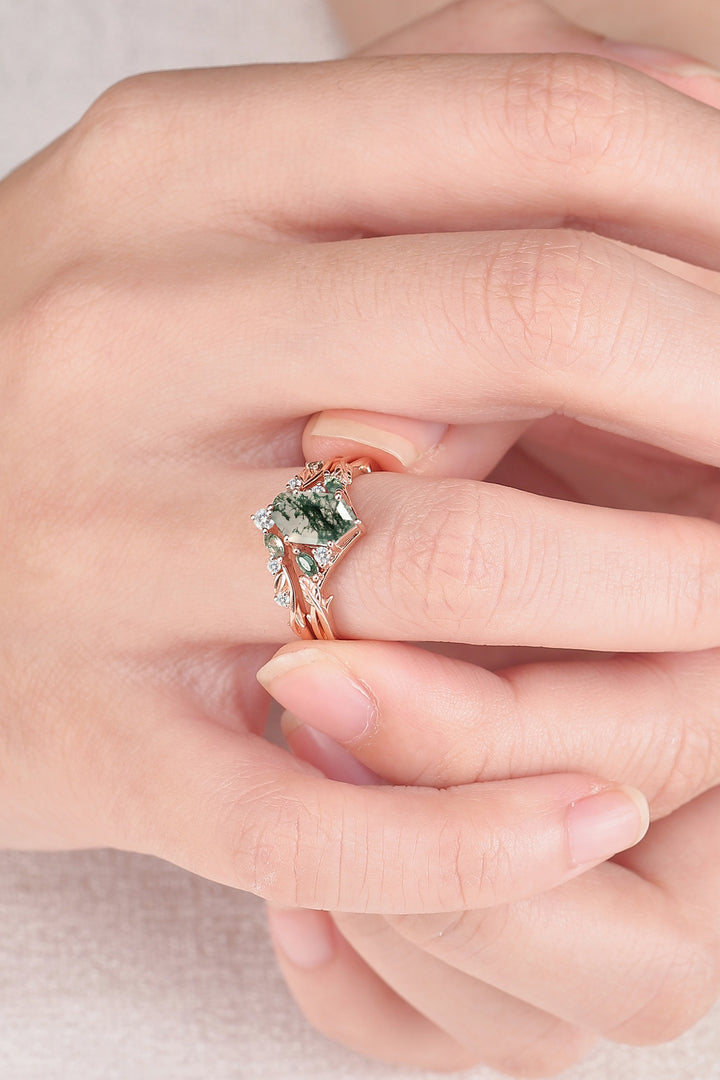 Unique Hexagon Cut Moss Agate Vine Leaf Gemstone Ring Set 2pcs