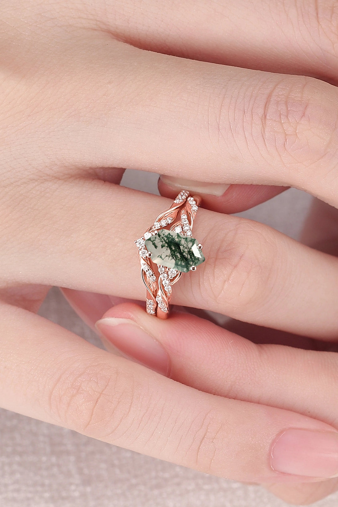 Unique Hexagon Cut Moss Agate Vine Ring Set 2pcs