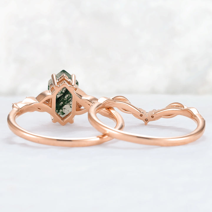 Unique Hexagon Cut Moss Agate Vine Ring Set 2pcs