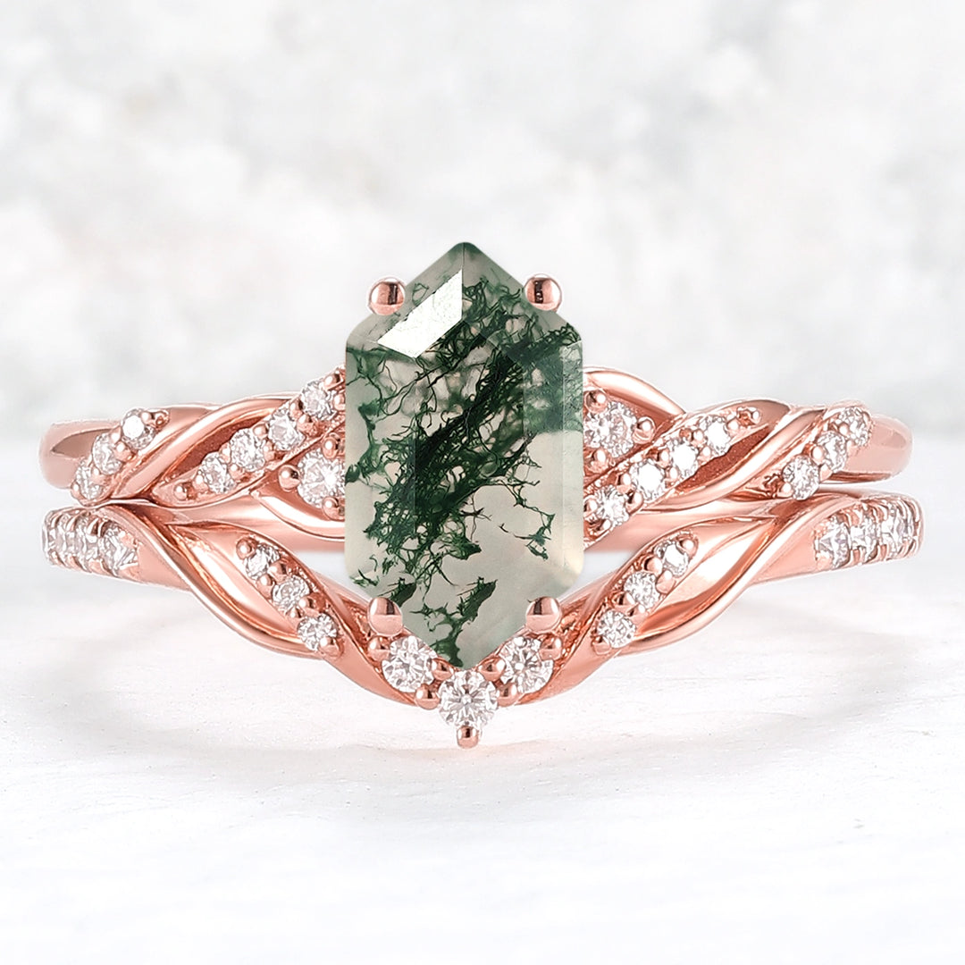 Unique Hexagon Cut Moss Agate Vine Ring Set 2pcs - Iver Jewelry