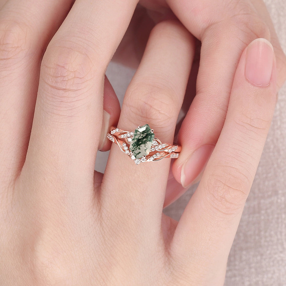 Unique Hexagon Cut Moss Agate Vine Ring Set 2pcs