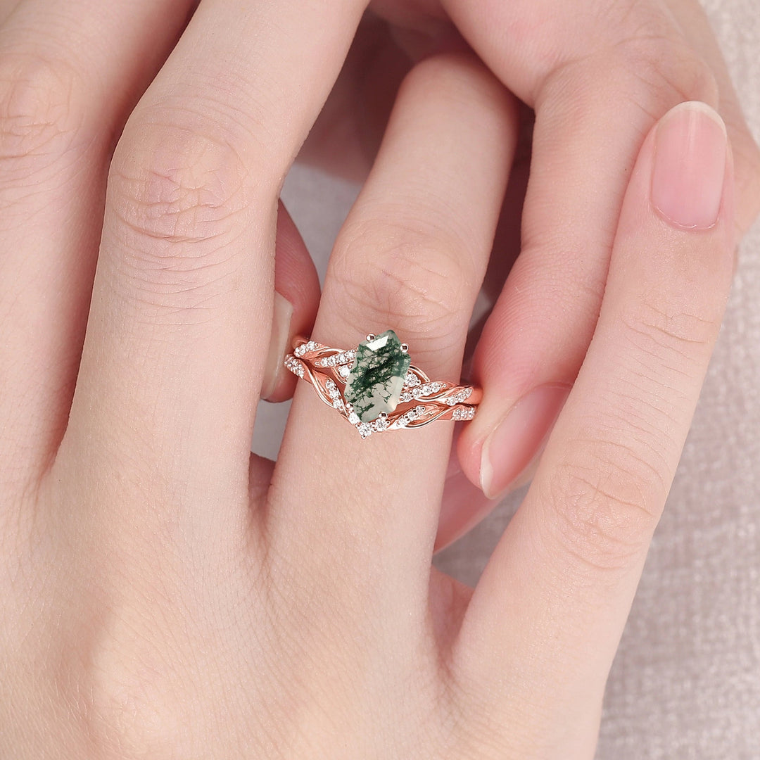Unique Hexagon Cut Moss Agate Vine Ring Set 2pcs