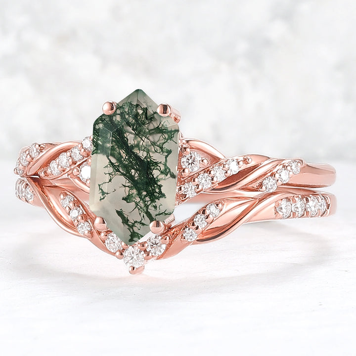 Unique Hexagon Cut Moss Agate Vine Ring Set 2pcs - Iver Jewelry