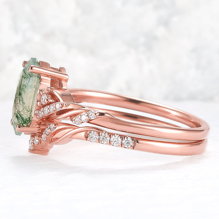 Unique Hexagon Cut Moss Agate Vine Ring Set 2pcs - Iver Jewelry