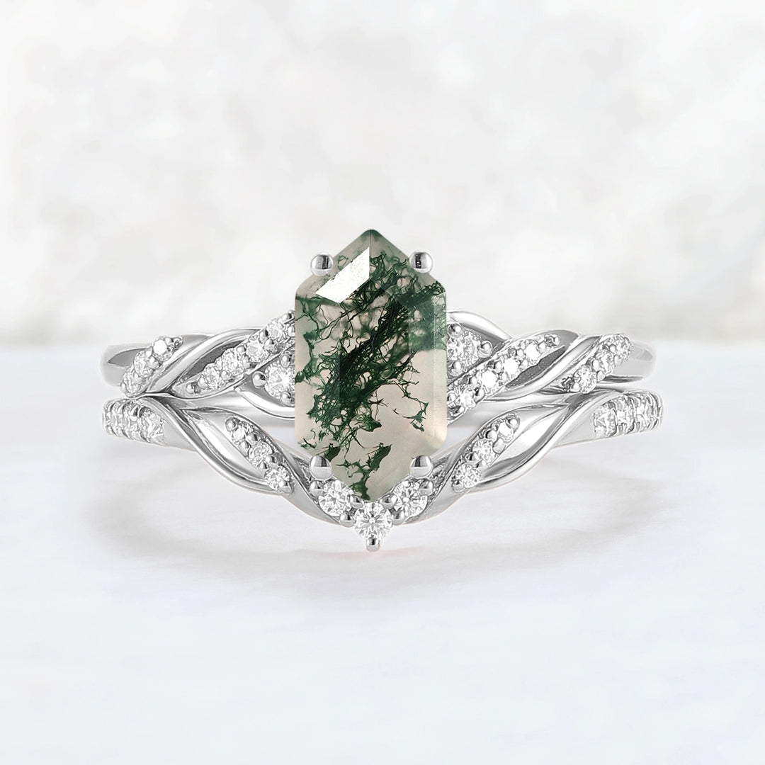 Unique Hexagon Cut Moss Agate Vine Ring Set 2pcs