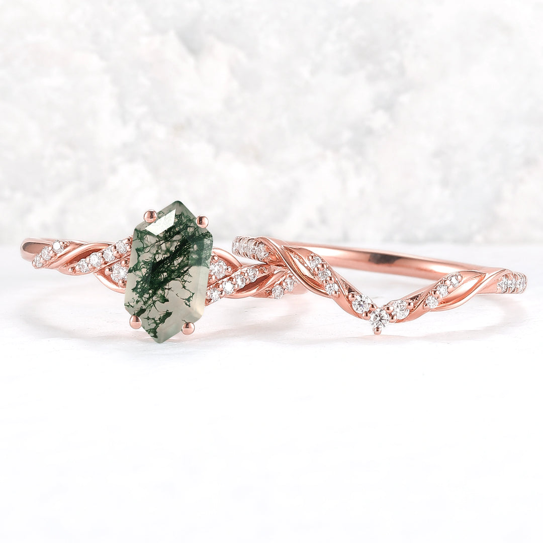 Unique Hexagon Cut Moss Agate Vine Ring Set 2pcs - Iver Jewelry