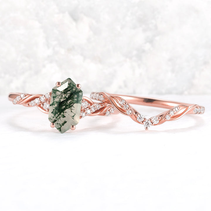 Unique Hexagon Cut Moss Agate Vine Ring Set 2pcs - Iver Jewelry