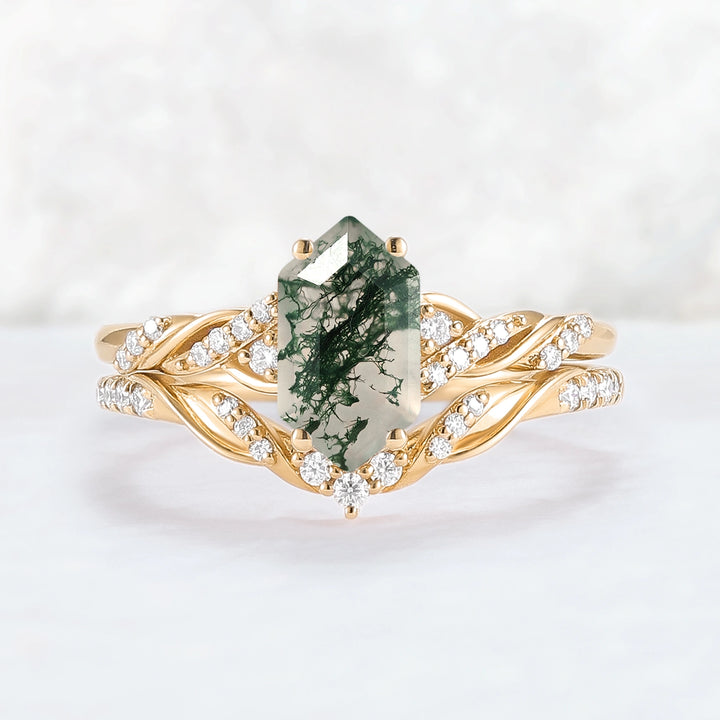 Unique Hexagon Cut Moss Agate Vine Ring Set 2pcs