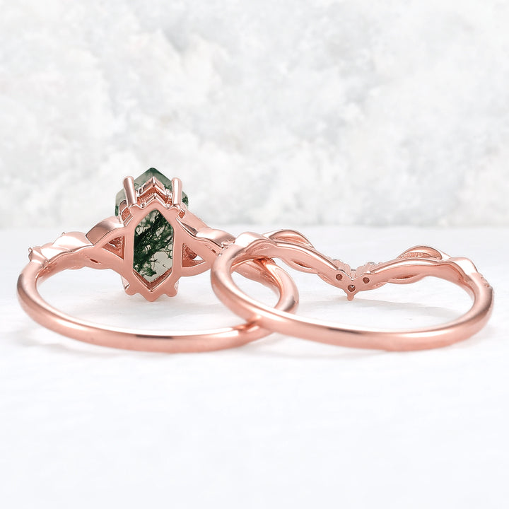 Unique Hexagon Cut Moss Agate Vine Ring Set 2pcs - Iver Jewelry