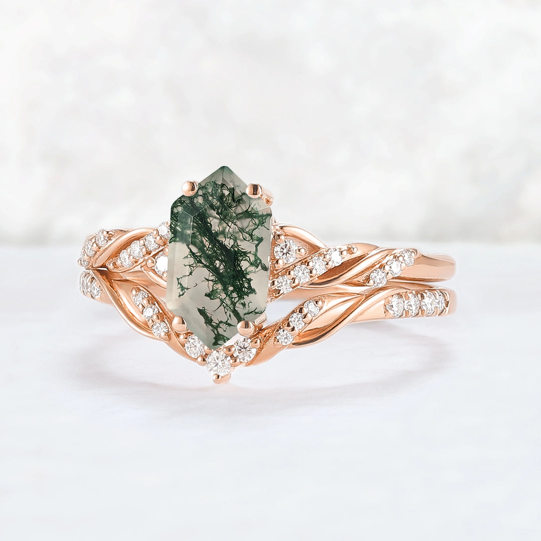 Unique Hexagon Cut Moss Agate Vine Ring Set 2pcs