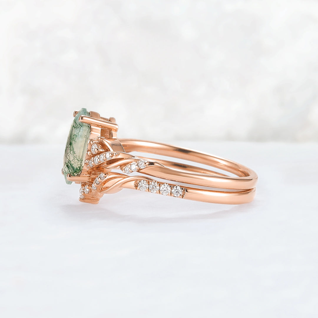 Unique Hexagon Cut Moss Agate Vine Ring Set 2pcs