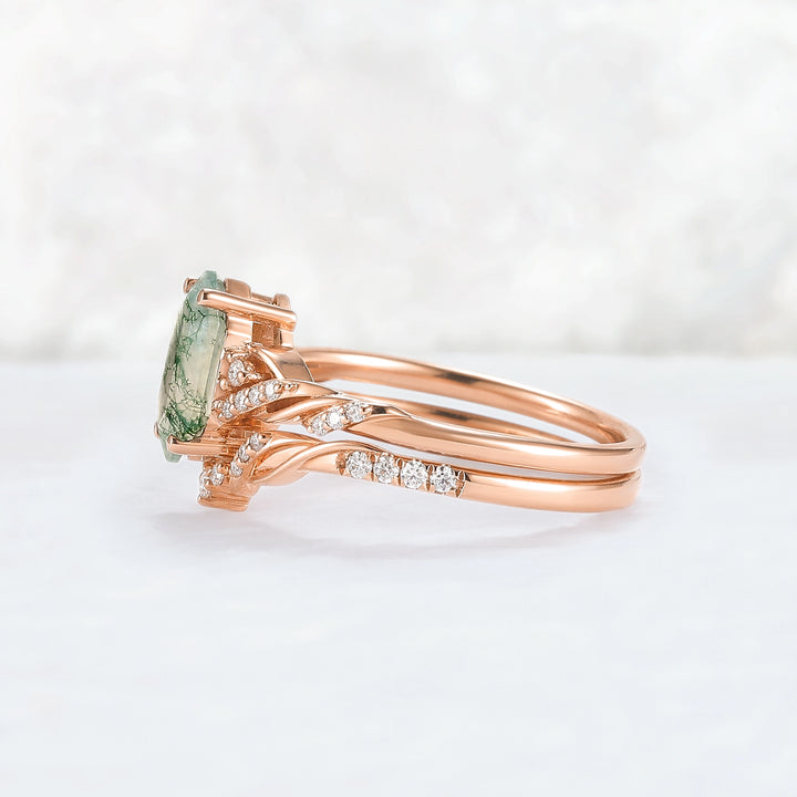 Unique Hexagon Cut Moss Agate Vine Ring Set 2pcs