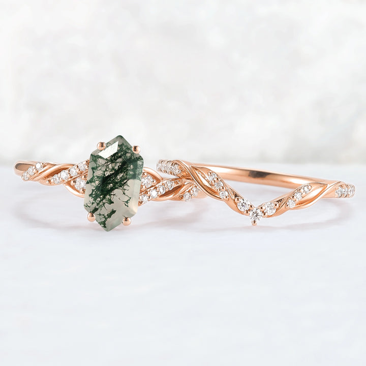Unique Hexagon Cut Moss Agate Vine Ring Set 2pcs