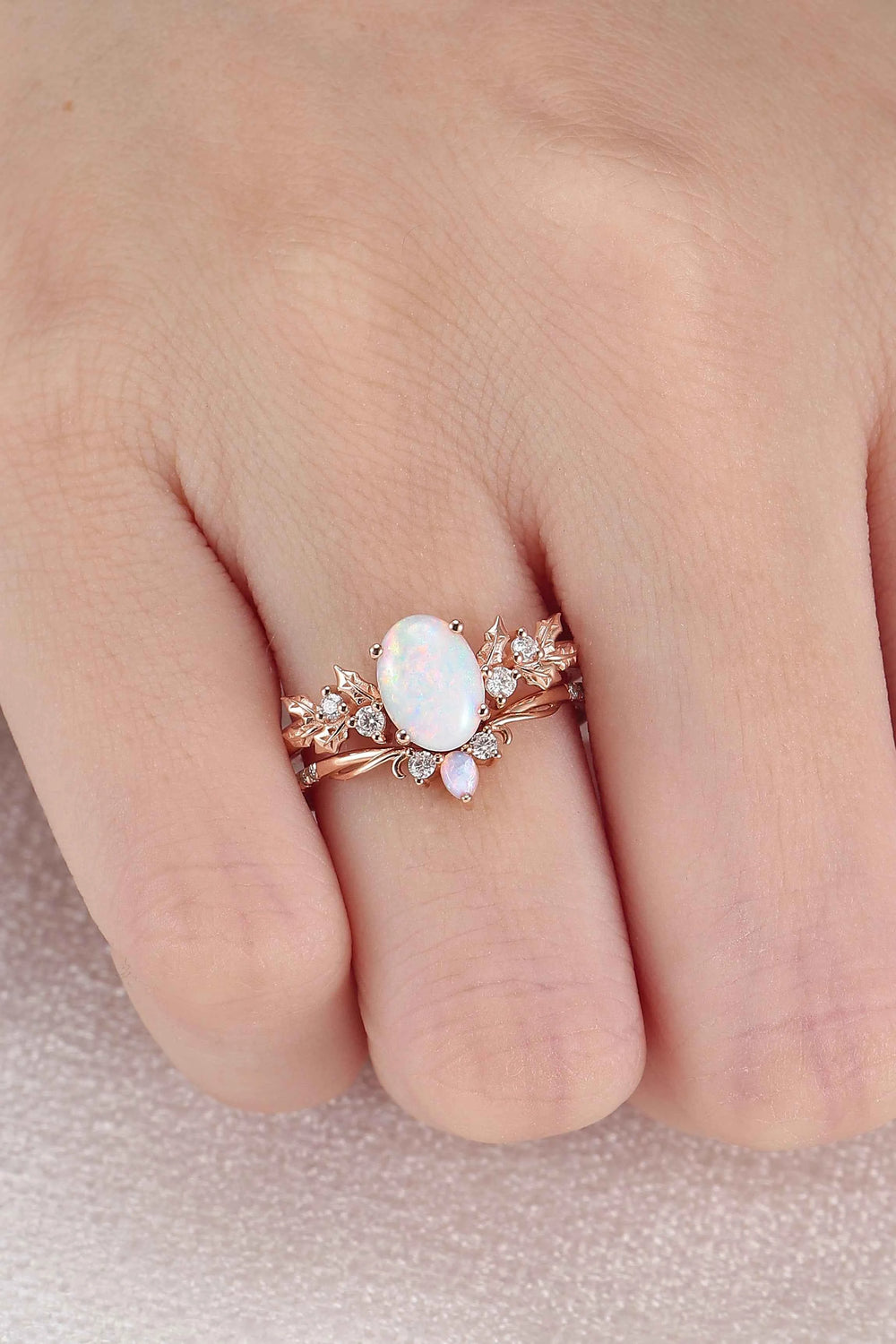Unique Holly Leafy Oval Natural Opal Engagement Ring Set 2pcs