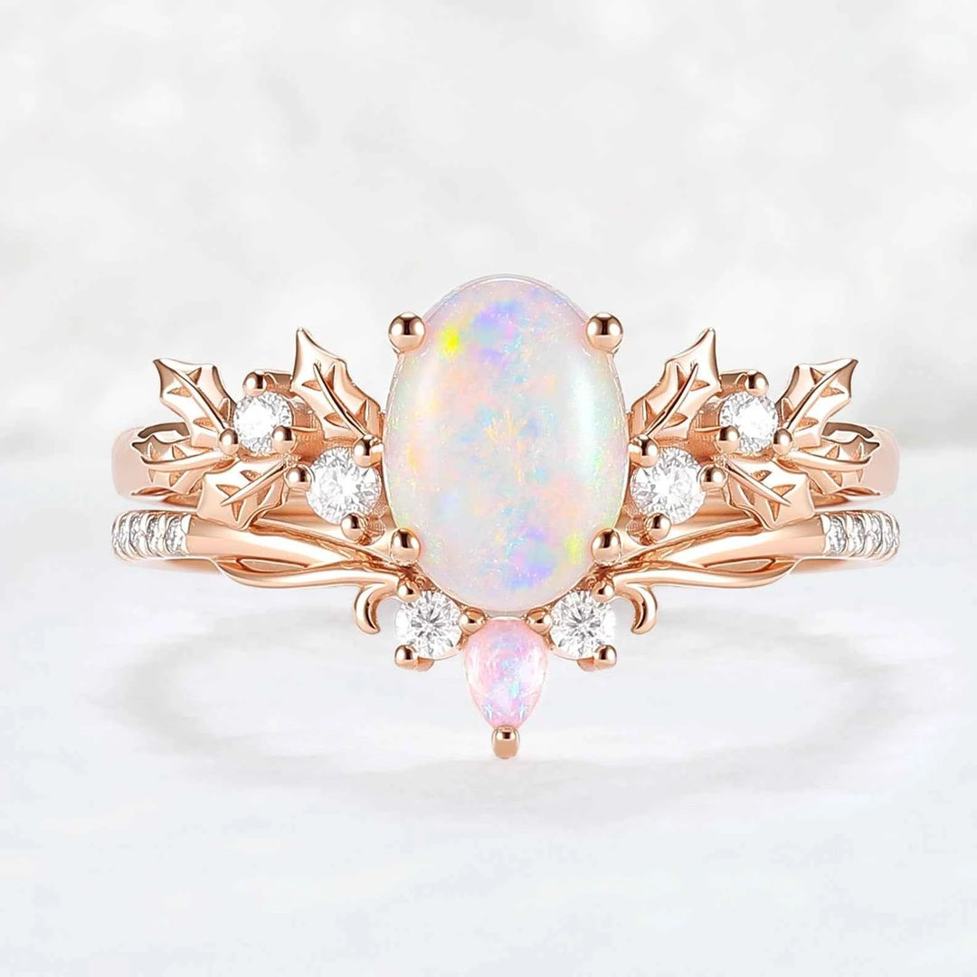 Unique Holly Leafy Oval Natural Opal Engagement Ring Set 2pcs