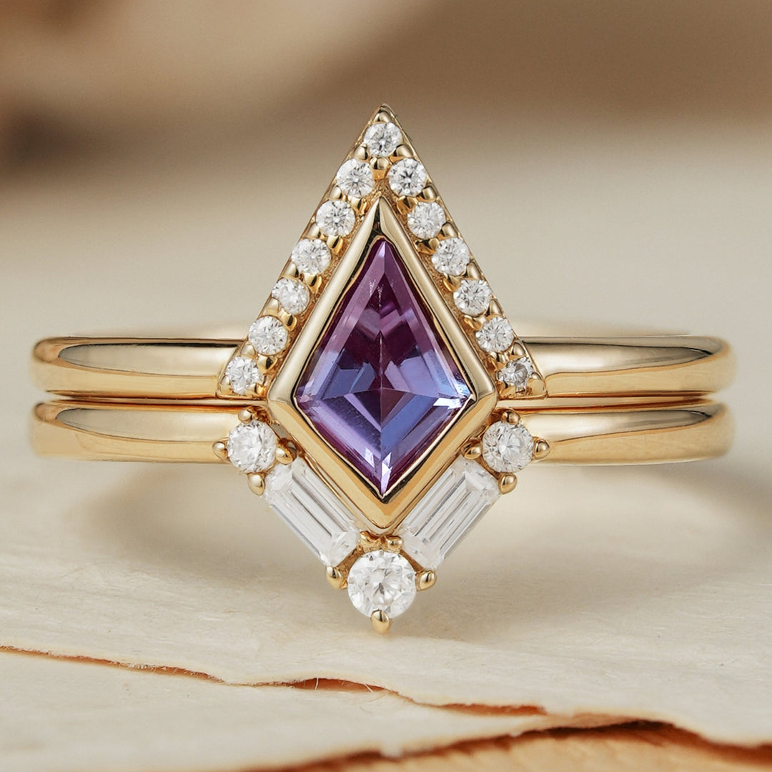 Unique Kite Cut Alexandrite Half Enternity Engagement Ring Set 2pcs
