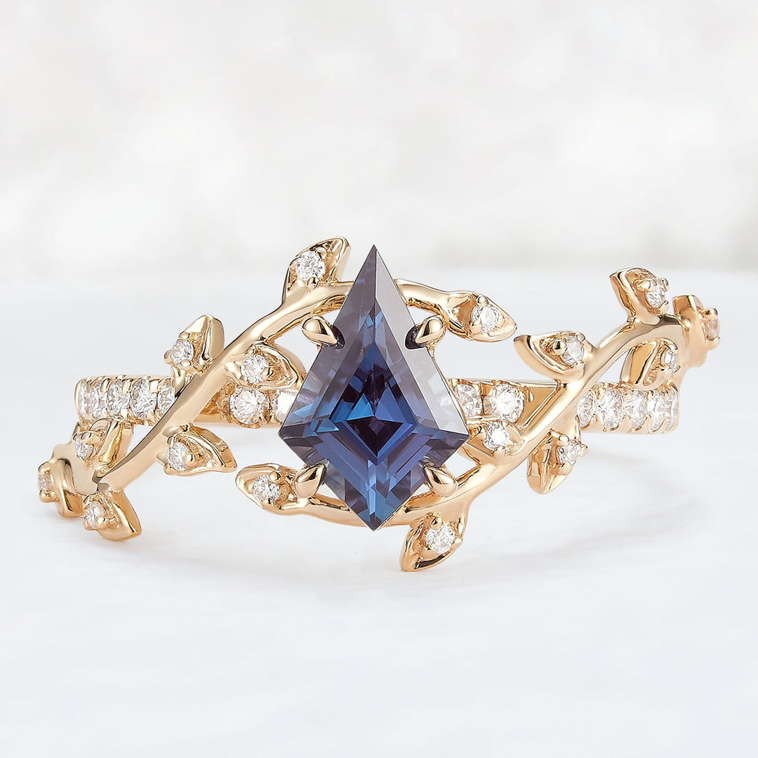 Unique Kite Cut Alexandrite Leaf and Vine Engagement Ring Set 2pcs