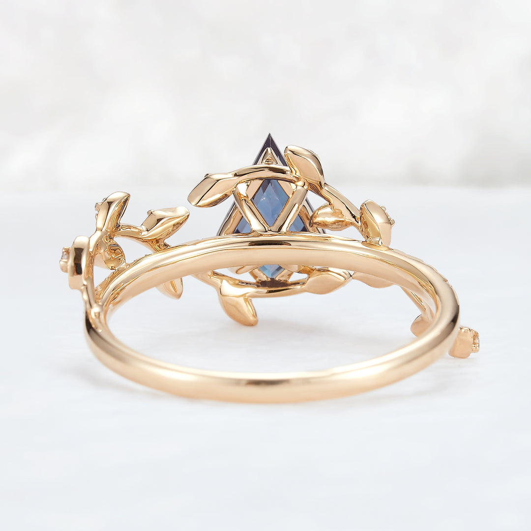 Unique Kite Cut Alexandrite Leaf and Vine Engagement Ring Set 2pcs