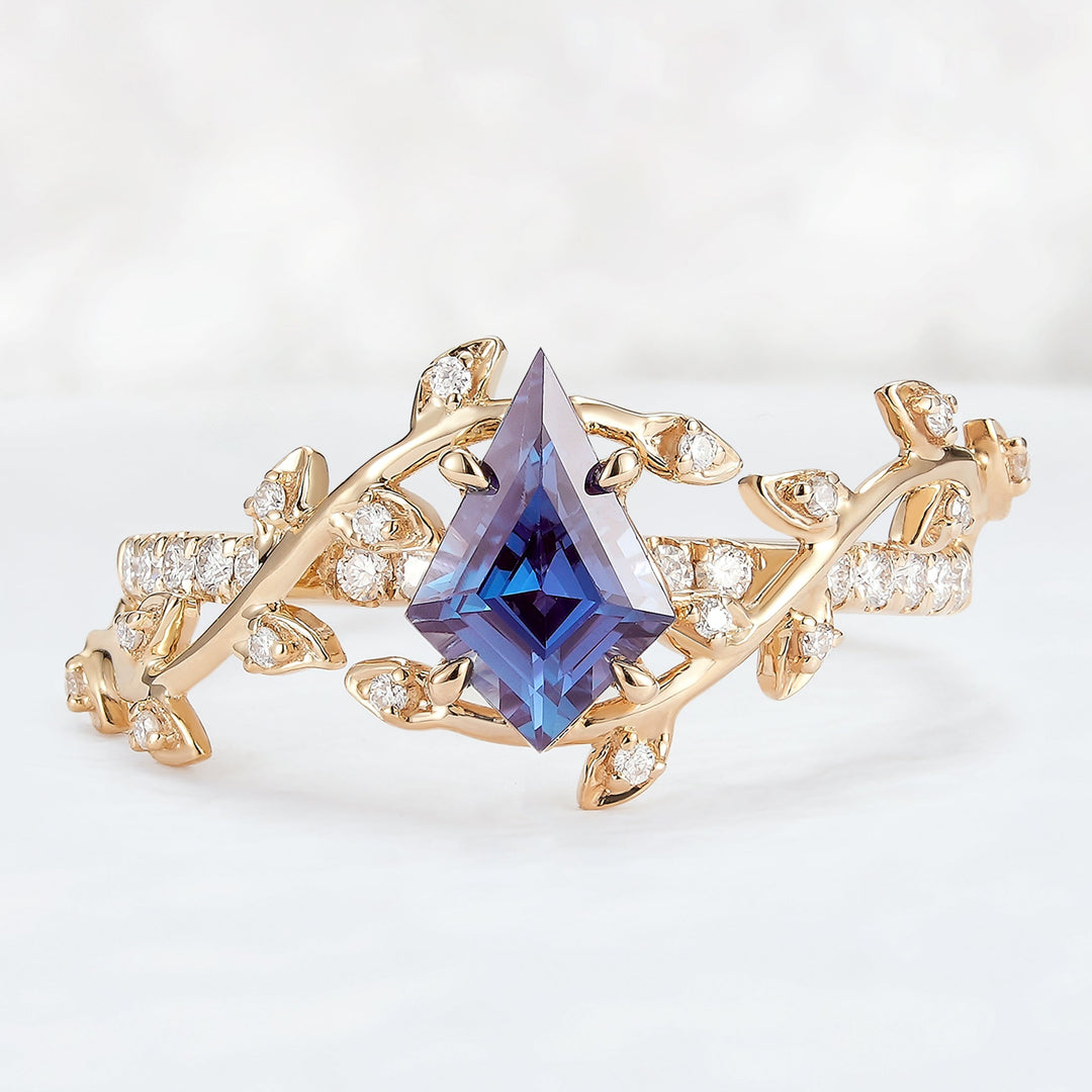 Unique Kite Cut Alexandrite Leaf and Vine Ring