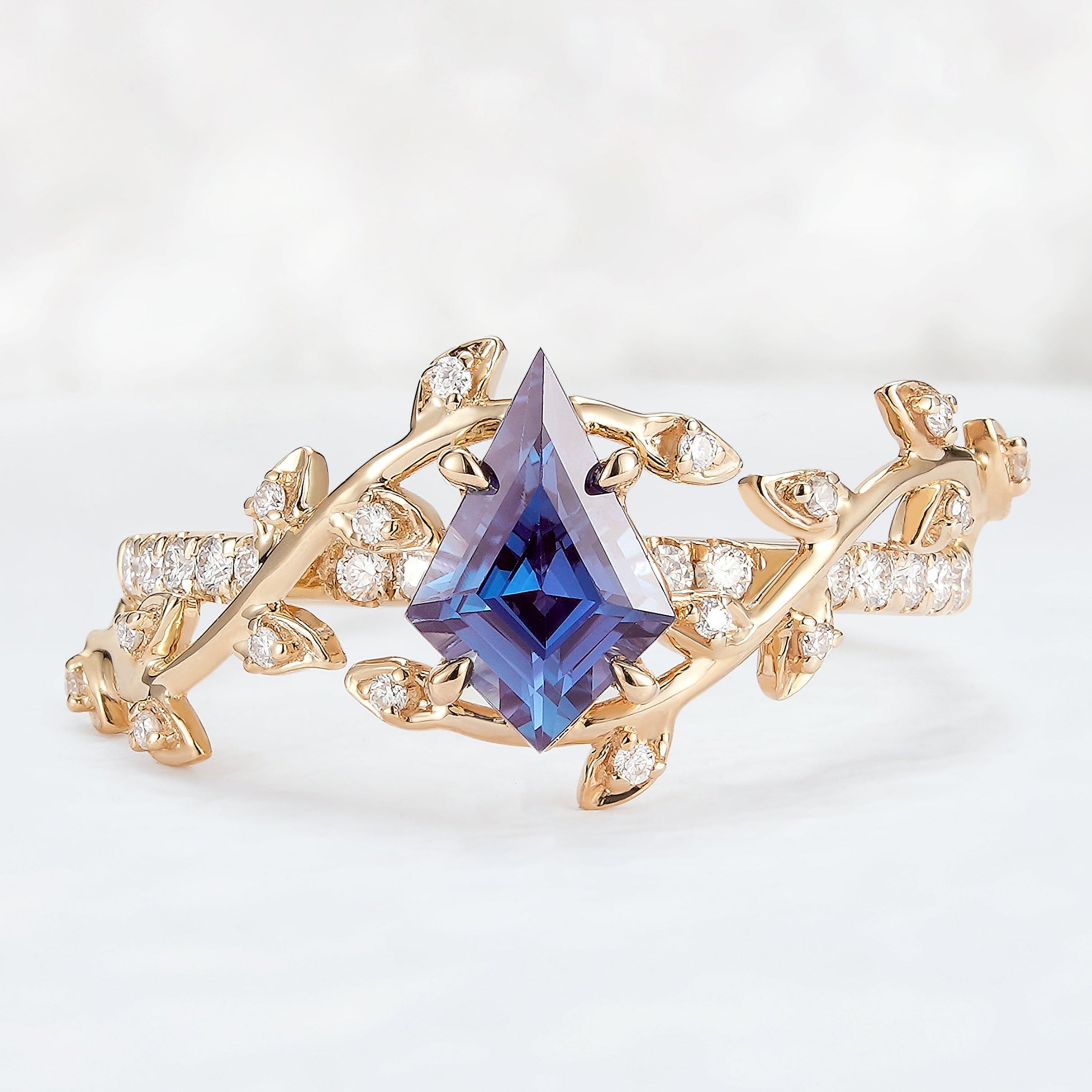 Unique Kite Cut Alexandrite Leaf and Vine Ring