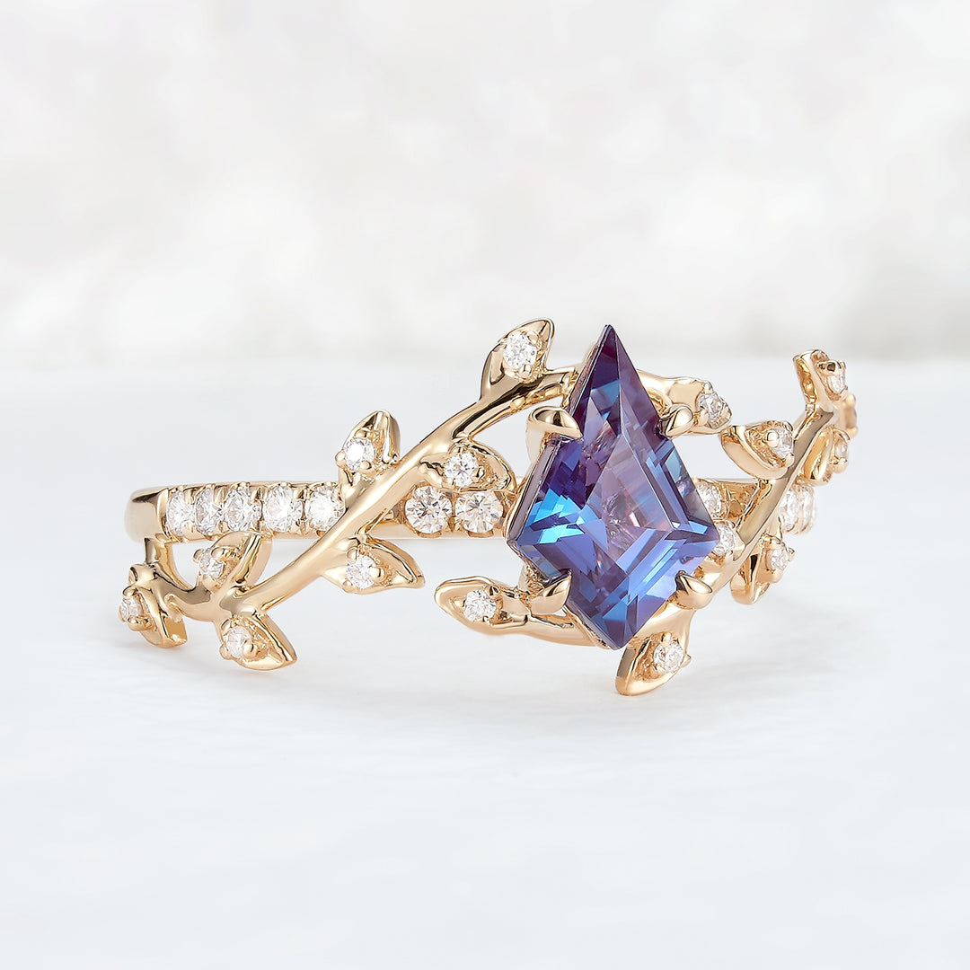 Unique Kite Cut Alexandrite Leaf and Vine Ring