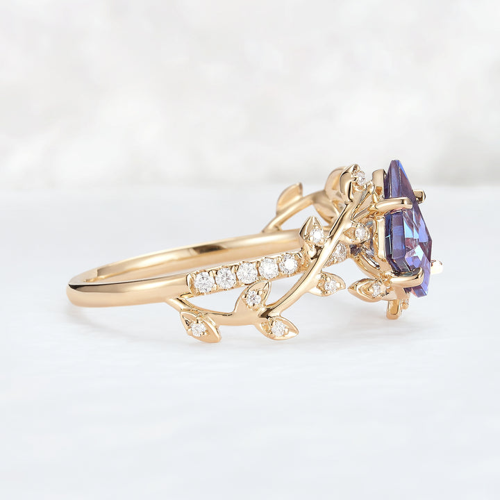Unique Kite Cut Alexandrite Leaf and Vine Ring