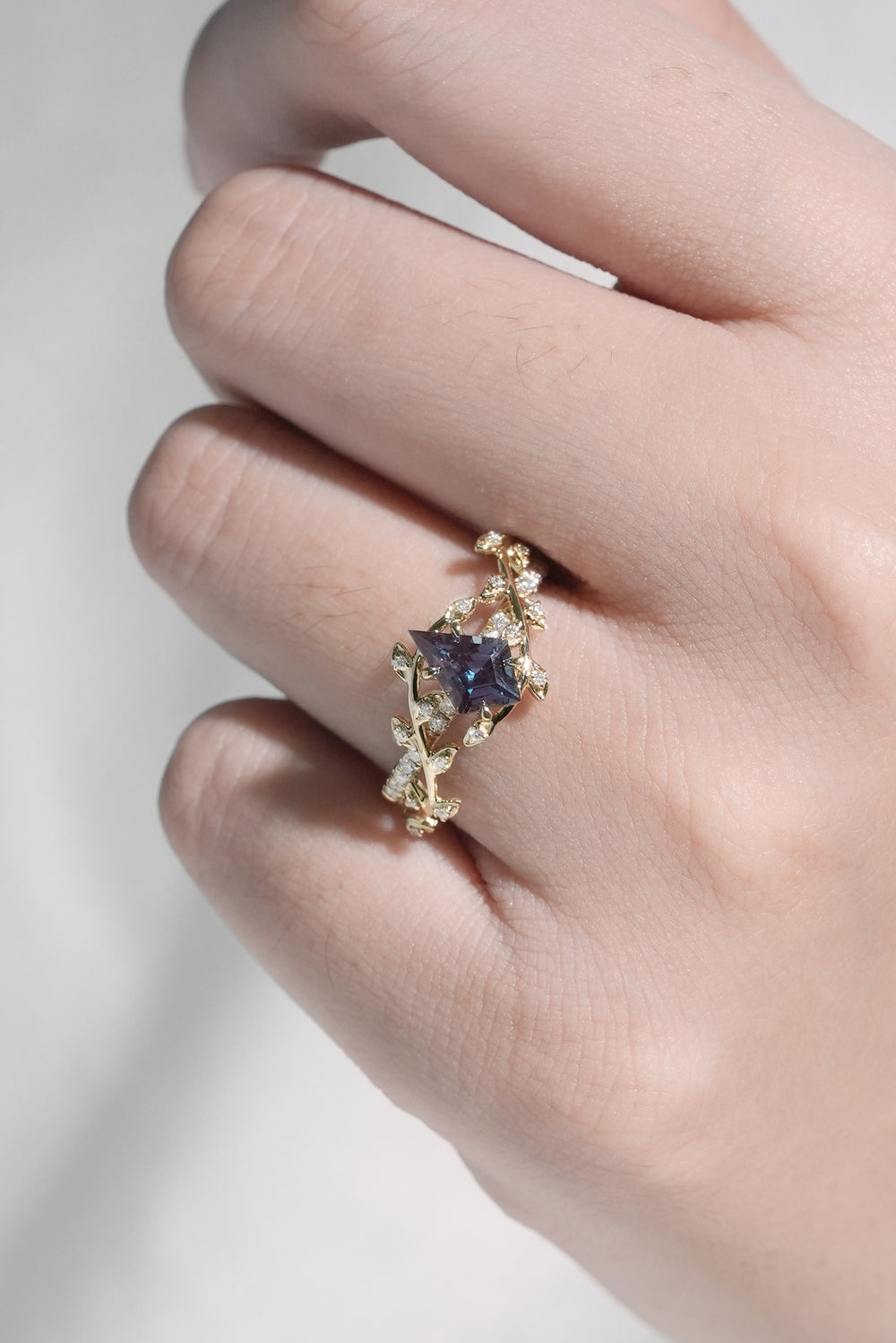 Unique Kite Cut Alexandrite Leaf and Vine Ring
