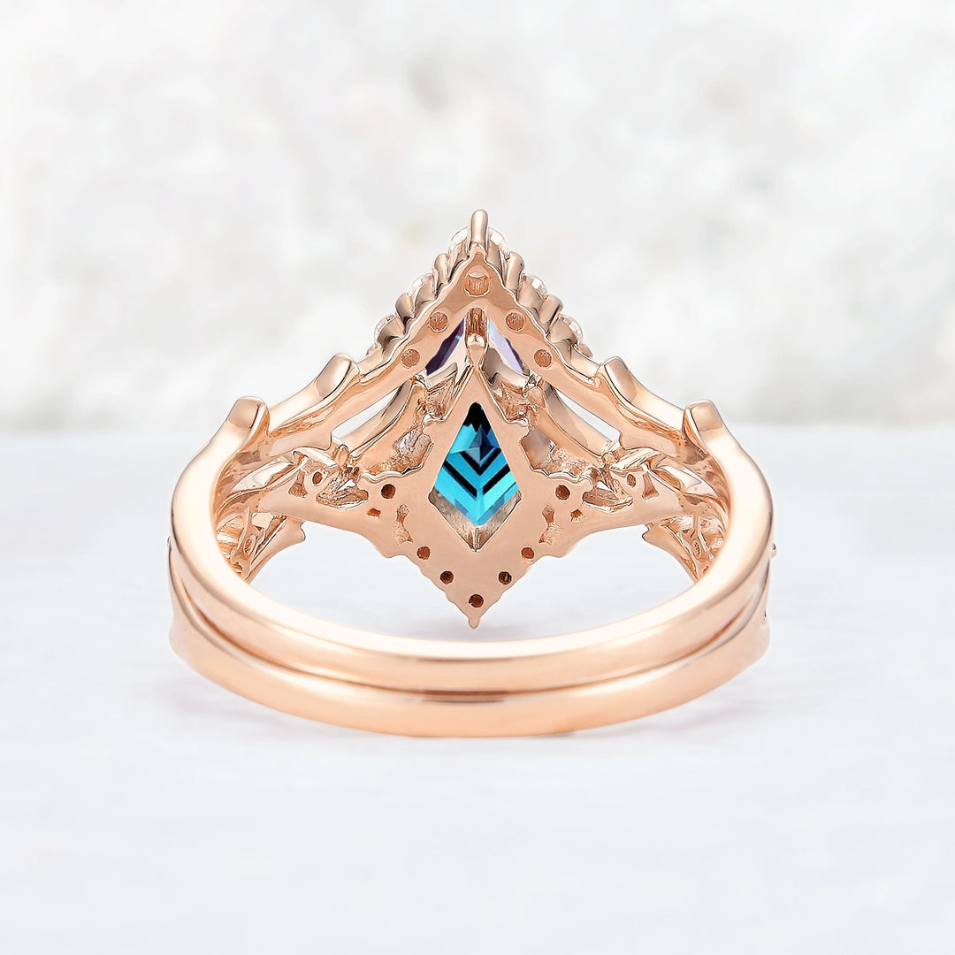 Unique Kite Cut Alexandrite Twig Gemstone Ring Set 2pcs