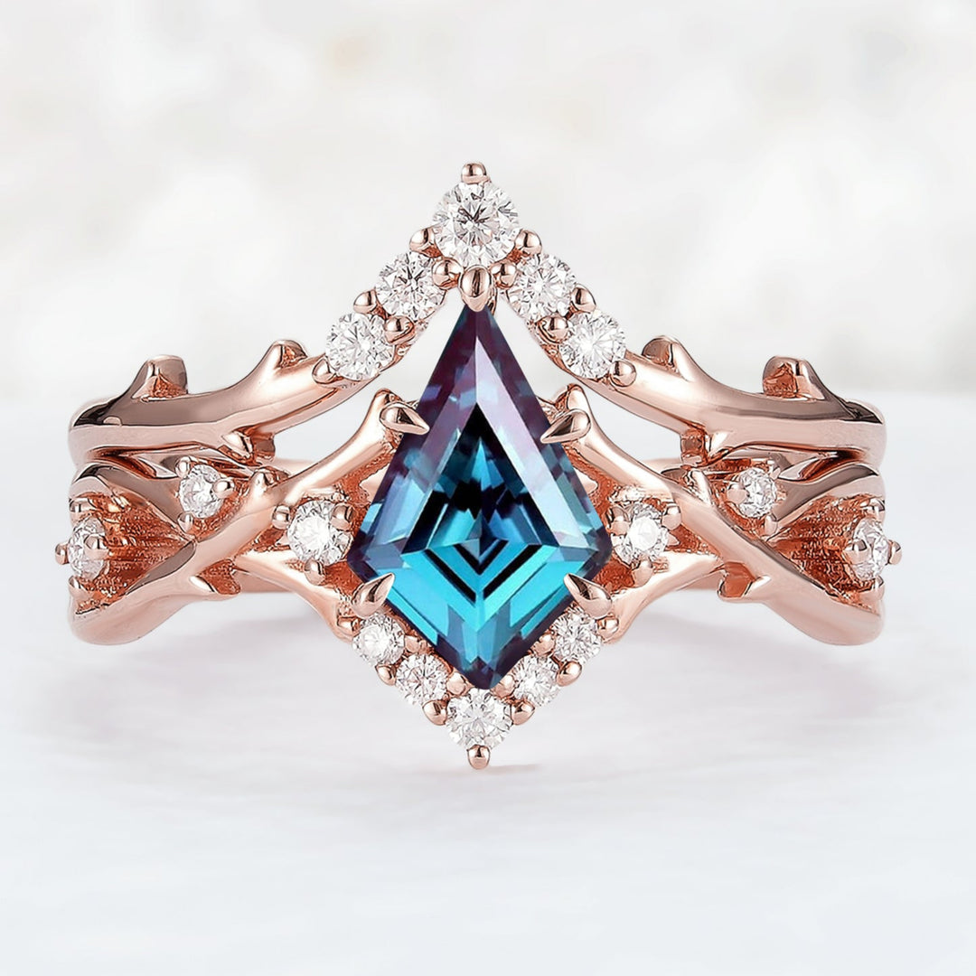Unique Kite Cut Alexandrite Twig Gemstone Ring Set 2pcs